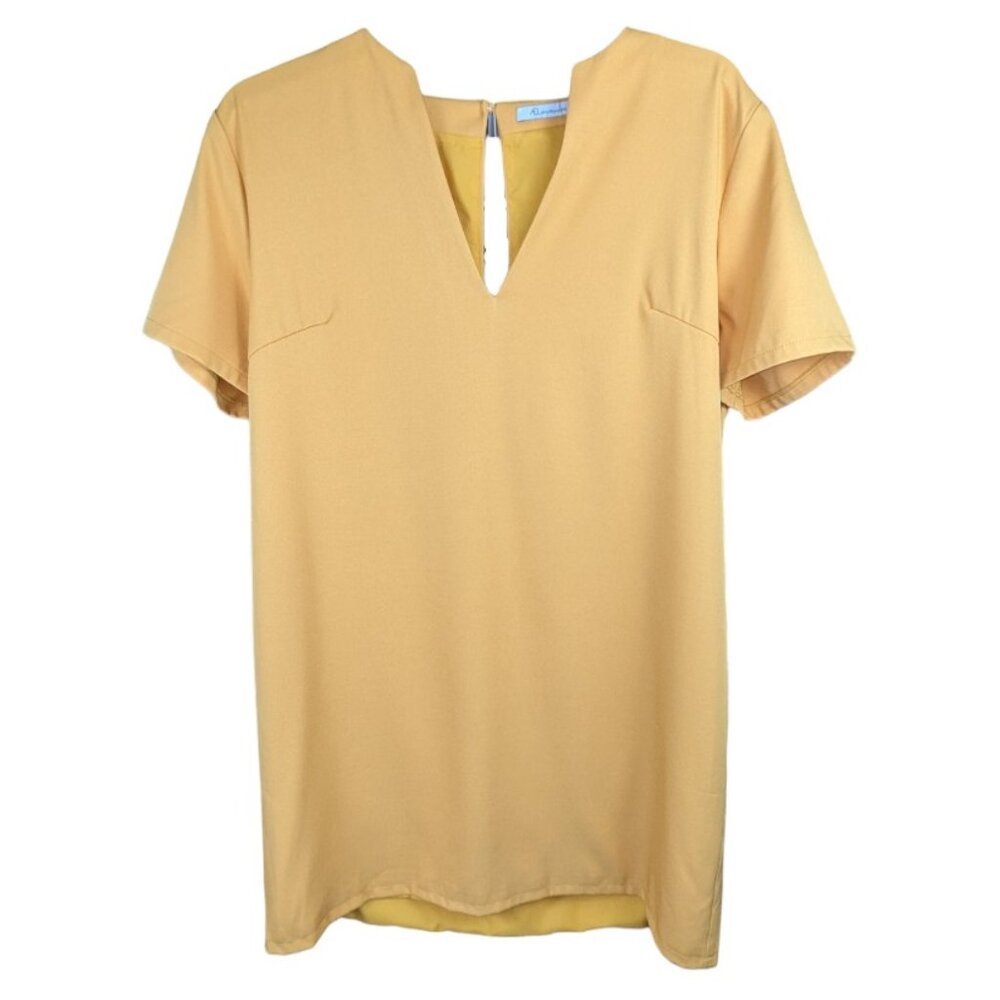 AmyEnjoyLife Mini Shirt Dress XL Long V-Neck Short Sleeve Keyhole Back Mustard